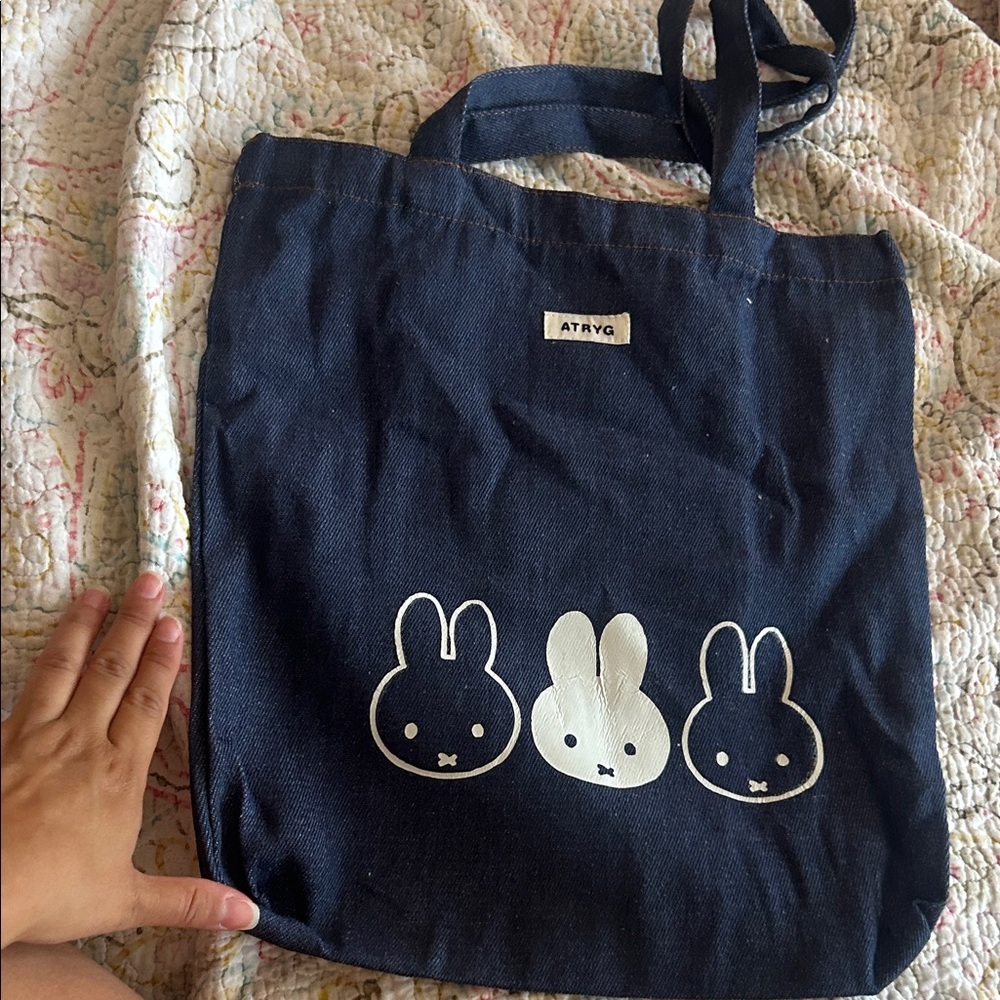 Denim Tote Bag with White Miffy Bunny Prints